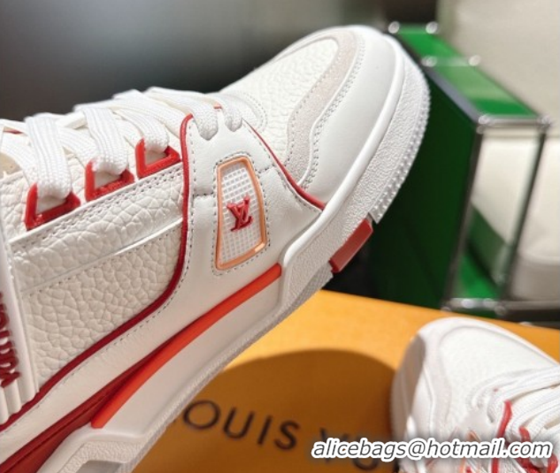 Hot Style Louis Vuitton Men's LV Trainer Sneakers in Calfskin Leather White/Red 2026 0303111