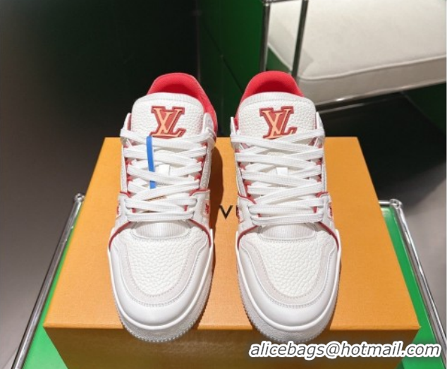 Hot Style Louis Vuitton Men's LV Trainer Sneakers in Calfskin Leather White/Red 2026 0303111