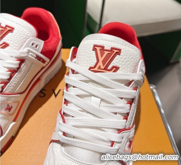 Hot Style Louis Vuitton Men's LV Trainer Sneakers in Calfskin Leather White/Red 2026 0303111
