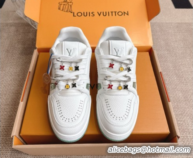 Grade Louis Vuitton LV Trainer Sneakers in Grained Leather and Studs White/Green 2026 1AJ523 0303112