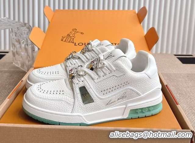 Grade Louis Vuitton LV Trainer Sneakers in Grained Leather and Studs White/Green 2026 1AJ523 0303112