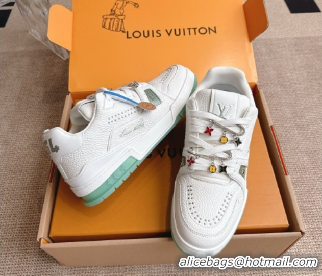 Grade Louis Vuitton LV Trainer Sneakers in Grained Leather and Studs White/Green 2026 1AJ523 0303112