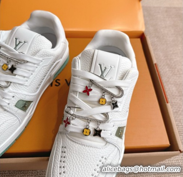 Grade Louis Vuitton LV Trainer Sneakers in Grained Leather and Studs White/Green 2026 1AJ523 0303112