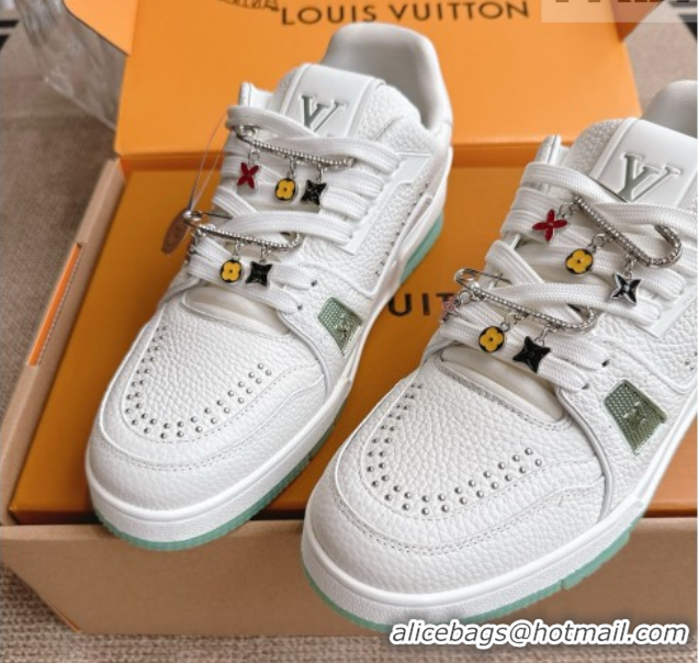 Grade Louis Vuitton LV Trainer Sneakers in Grained Leather and Studs White/Green 2026 1AJ523 0303112