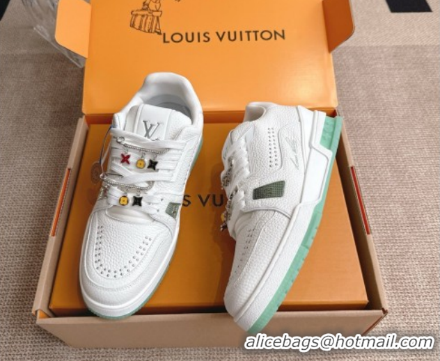 Grade Louis Vuitton LV Trainer Sneakers in Grained Leather and Studs White/Green 2026 1AJ523 0303112