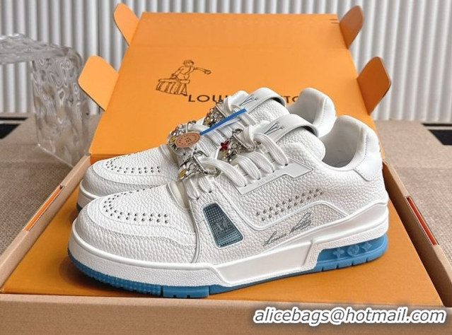 Good Quality Louis Vuitton LV Trainer Sneakers in Grained Leather and Studs White/Blue 2026 1AJ523 0303113