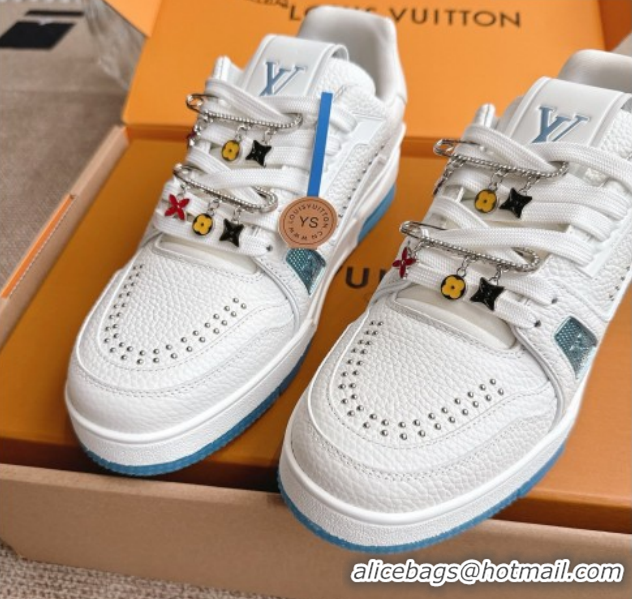 Good Quality Louis Vuitton LV Trainer Sneakers in Grained Leather and Studs White/Blue 2026 1AJ523 0303113