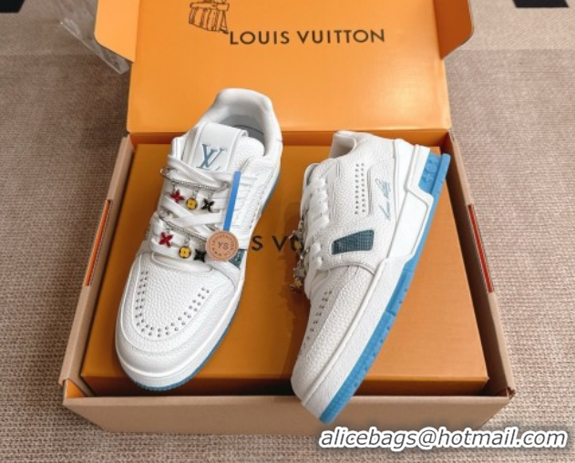 Good Quality Louis Vuitton LV Trainer Sneakers in Grained Leather and Studs White/Blue 2026 1AJ523 0303113