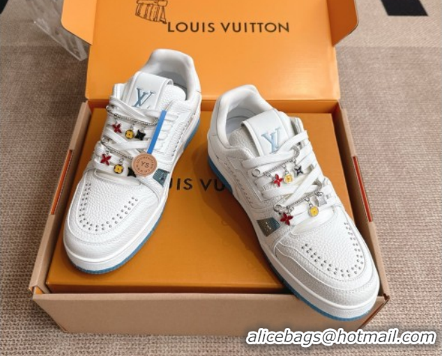 Good Quality Louis Vuitton LV Trainer Sneakers in Grained Leather and Studs White/Blue 2026 1AJ523 0303113