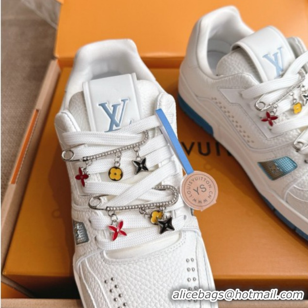 Good Quality Louis Vuitton LV Trainer Sneakers in Grained Leather and Studs White/Blue 2026 1AJ523 0303113