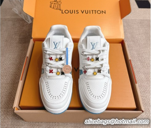 Good Quality Louis Vuitton LV Trainer Sneakers in Grained Leather and Studs White/Blue 2026 1AJ523 0303113