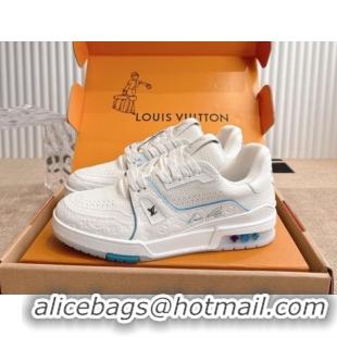 Shop Duplicate Louis Vuitton LV Trainer Sneakers in Grained Leather White/Blue 2026 1A8WAZ 0303114