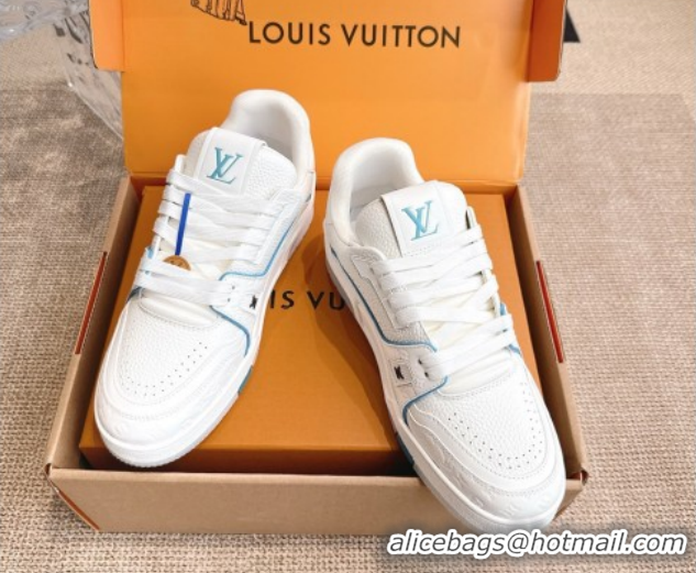 Shop Duplicate Louis Vuitton LV Trainer Sneakers in Grained Leather White/Blue 2026 1A8WAZ 0303114