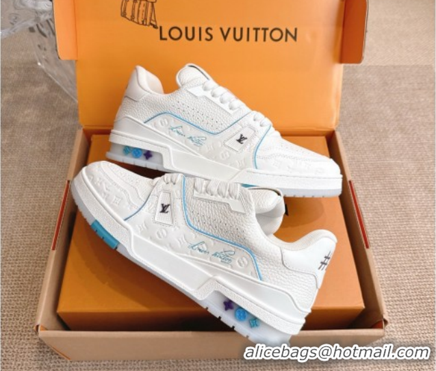 Shop Duplicate Louis Vuitton LV Trainer Sneakers in Grained Leather White/Blue 2026 1A8WAZ 0303114
