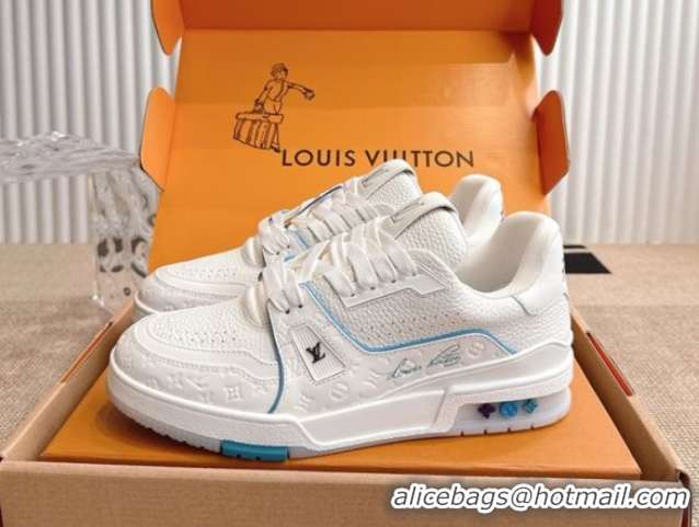 Shop Duplicate Louis Vuitton LV Trainer Sneakers in Grained Leather White/Blue 2026 1A8WAZ 0303114