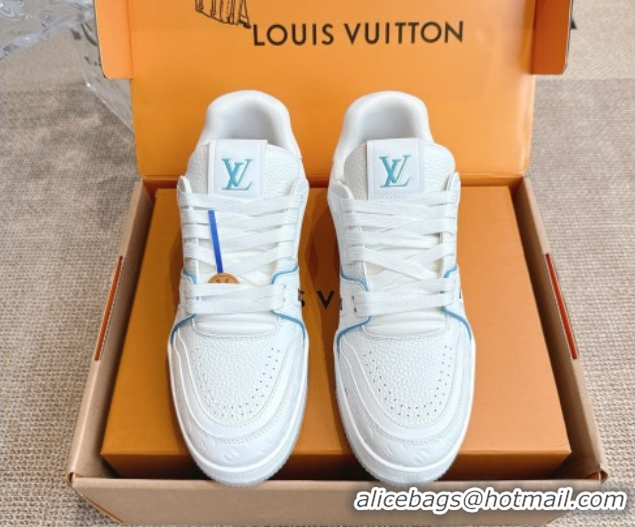 Shop Duplicate Louis Vuitton LV Trainer Sneakers in Grained Leather White/Blue 2026 1A8WAZ 0303114