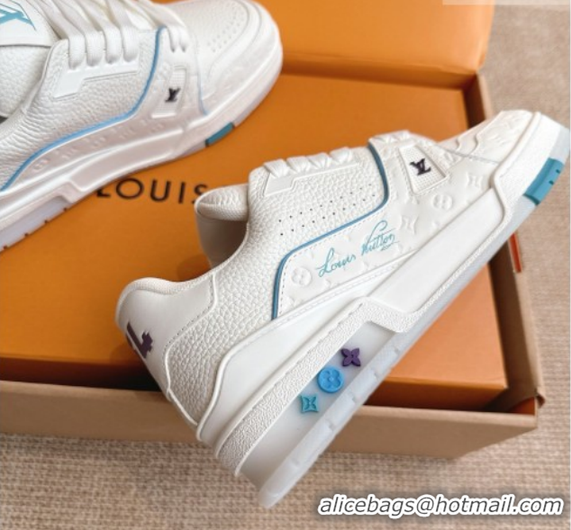 Shop Duplicate Louis Vuitton LV Trainer Sneakers in Grained Leather White/Blue 2026 1A8WAZ 0303114