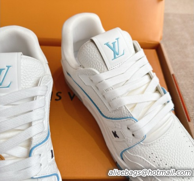 Shop Duplicate Louis Vuitton LV Trainer Sneakers in Grained Leather White/Blue 2026 1A8WAZ 0303114