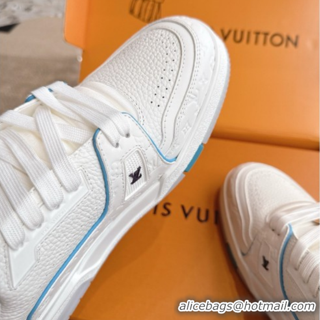 Shop Duplicate Louis Vuitton LV Trainer Sneakers in Grained Leather White/Blue 2026 1A8WAZ 0303114