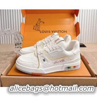 Top Grade Louis Vuitton LV Trainer Sneakers in Grained Leather White/Orange 2026 1A8WAZ 0303116