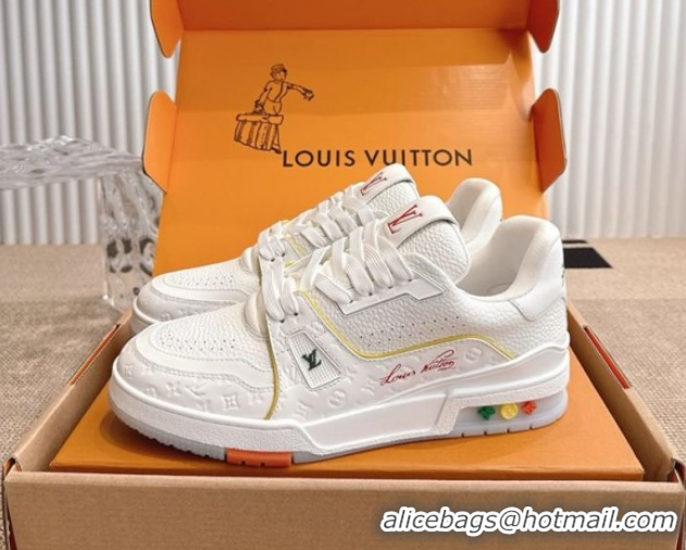 Top Grade Louis Vuitton LV Trainer Sneakers in Grained Leather White/Orange 2026 1A8WAZ 0303116