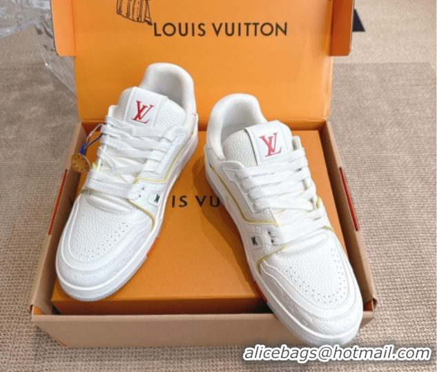 Top Grade Louis Vuitton LV Trainer Sneakers in Grained Leather White/Orange 2026 1A8WAZ 0303116