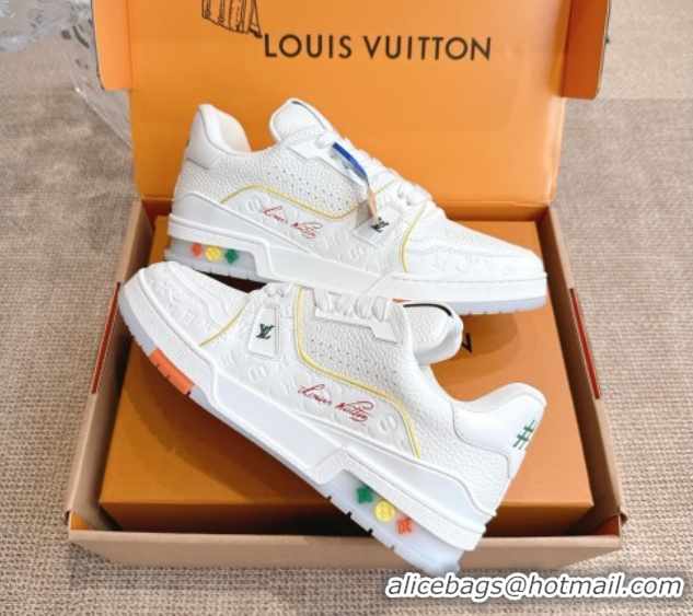Top Grade Louis Vuitton LV Trainer Sneakers in Grained Leather White/Orange 2026 1A8WAZ 0303116