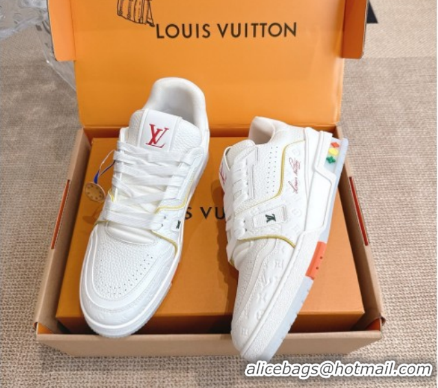Top Grade Louis Vuitton LV Trainer Sneakers in Grained Leather White/Orange 2026 1A8WAZ 0303116