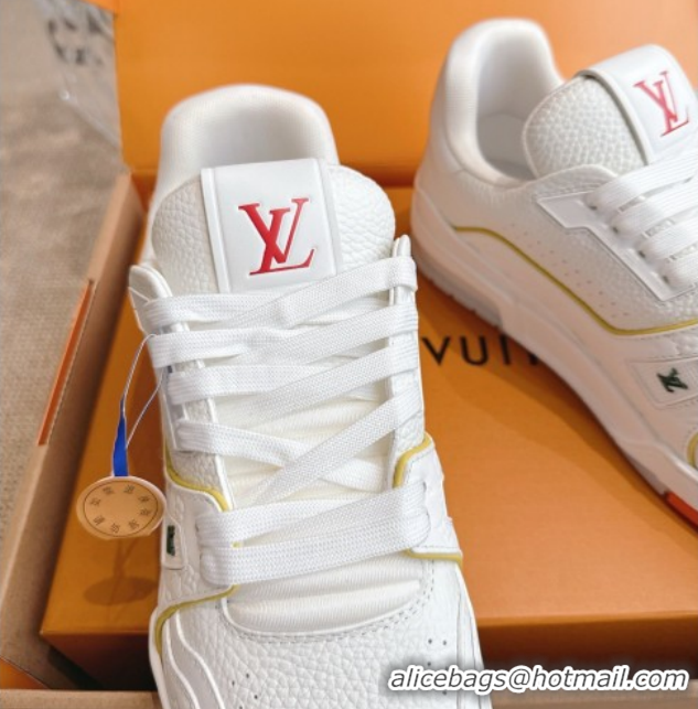 Top Grade Louis Vuitton LV Trainer Sneakers in Grained Leather White/Orange 2026 1A8WAZ 0303116