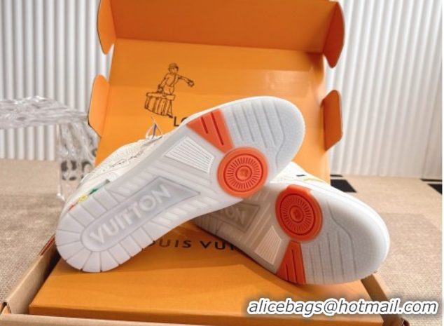 Top Grade Louis Vuitton LV Trainer Sneakers in Grained Leather White/Orange 2026 1A8WAZ 0303116