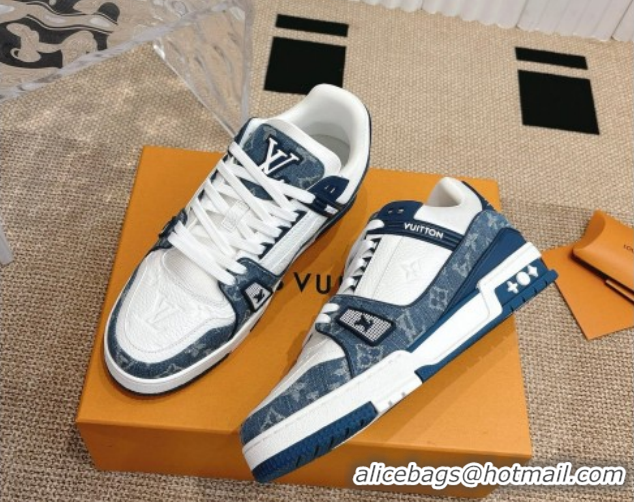 Stylish Louis Vuitton LV Trainer Sneakers in Monogram Denim and Grained Leather White/Blue 2026 1A9JGF 0303118