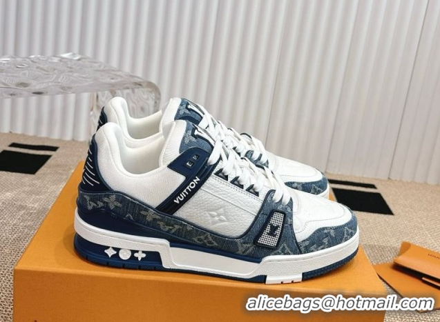 Stylish Louis Vuitton LV Trainer Sneakers in Monogram Denim and Grained Leather White/Blue 2026 1A9JGF 0303118