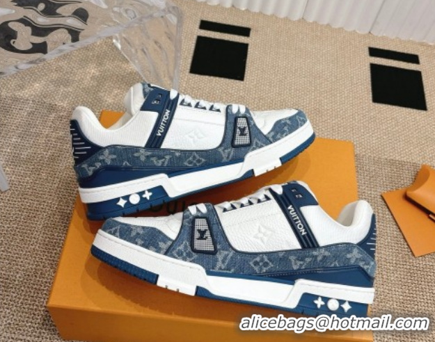 Stylish Louis Vuitton LV Trainer Sneakers in Monogram Denim and Grained Leather White/Blue 2026 1A9JGF 0303118