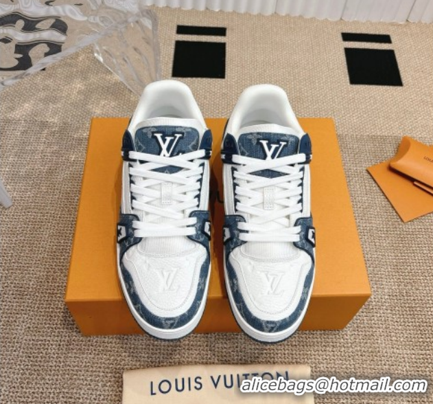 Stylish Louis Vuitton LV Trainer Sneakers in Monogram Denim and Grained Leather White/Blue 2026 1A9JGF 0303118