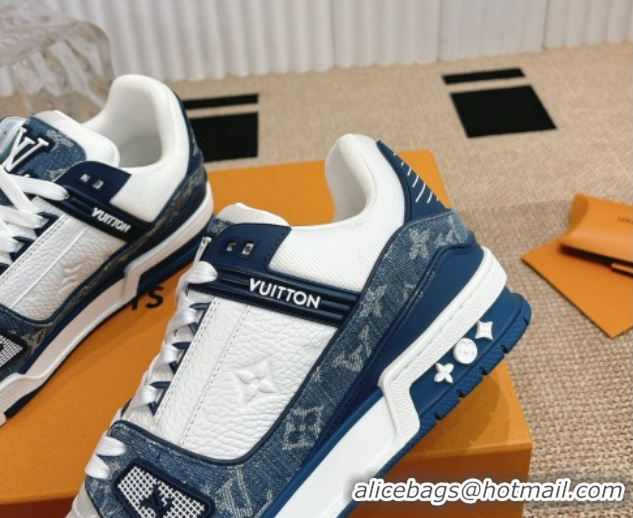 Stylish Louis Vuitton LV Trainer Sneakers in Monogram Denim and Grained Leather White/Blue 2026 1A9JGF 0303118