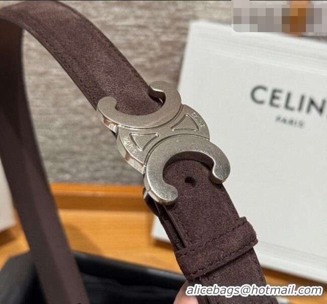 Luxury Cheap Celine Triomphe Medium Belt 2.5cm in Suede CE031603 Dark Brown/Silver 2026