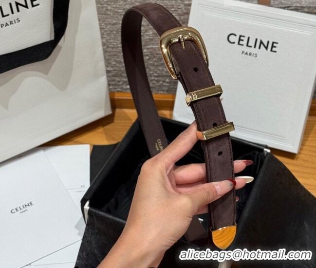 Best Quality Celine Triomphe Medium Belt 2.5cm with Pin Buckle in Suede CE031604 Dark Brown/Gold 2026