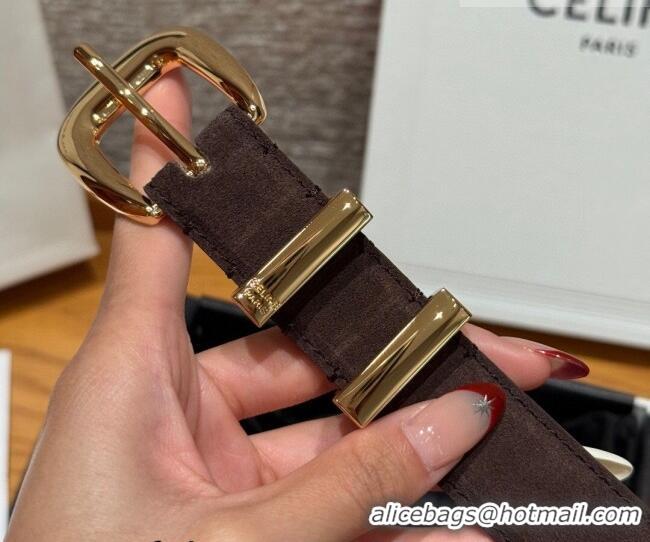 Best Quality Celine Triomphe Medium Belt 2.5cm with Pin Buckle in Suede CE031604 Dark Brown/Gold 2026