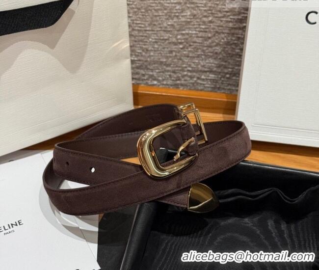 Best Quality Celine Triomphe Medium Belt 2.5cm with Pin Buckle in Suede CE031604 Dark Brown/Gold 2026