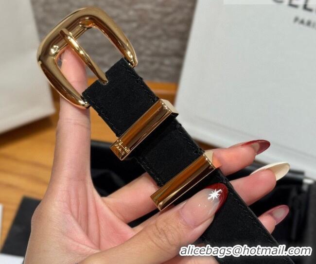 Grade Quality Celine Triomphe Medium Belt 2.5cm with Pin Buckle in Suede CE031604 Black/Gold 2026