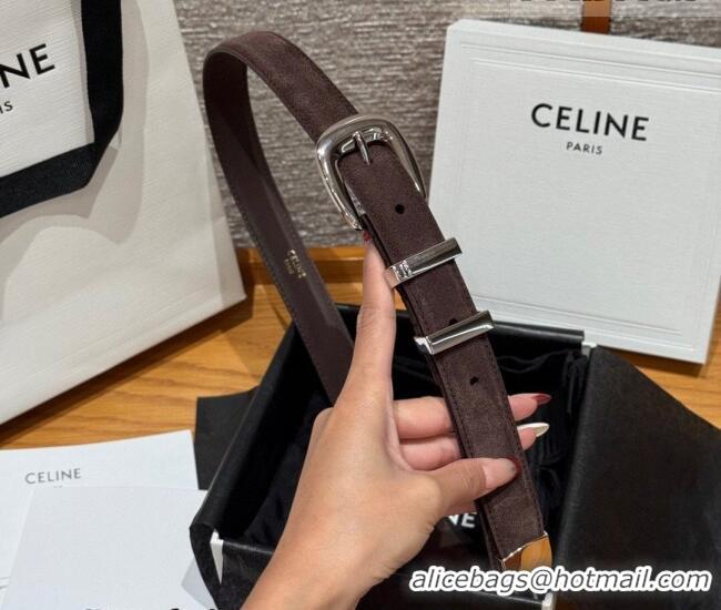 Most Popular Celine Triomphe Medium Belt 2.5cm with Pin Buckle in Suede CE031604 Dark Brown/Silver 2026