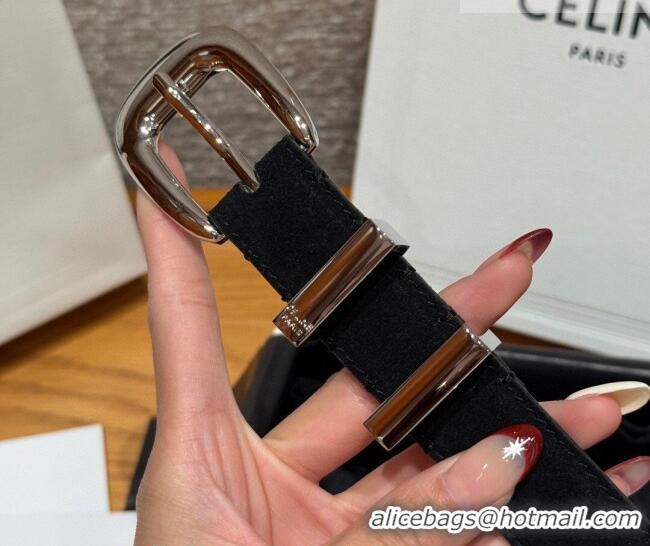 Best Price Celine Triomphe Medium Belt 2.5cm with Pin Buckle in Suede CE031604 Black/Silver 2026