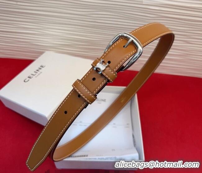Inexpensive Celine Elegant Charm Triomphe Belt 2.5cm with Silver-Tone Pin Buckle in Shiny Leather 16052 Tan Brown 2026