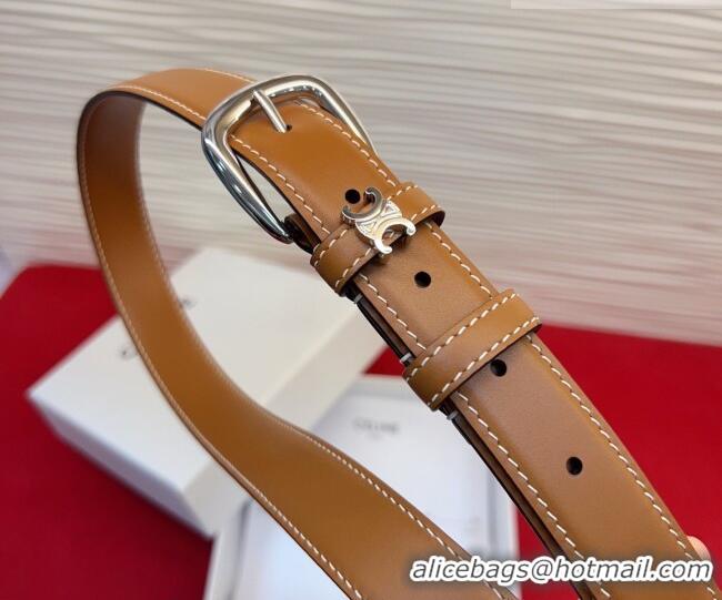 Inexpensive Celine Elegant Charm Triomphe Belt 2.5cm with Silver-Tone Pin Buckle in Shiny Leather 16052 Tan Brown 2026