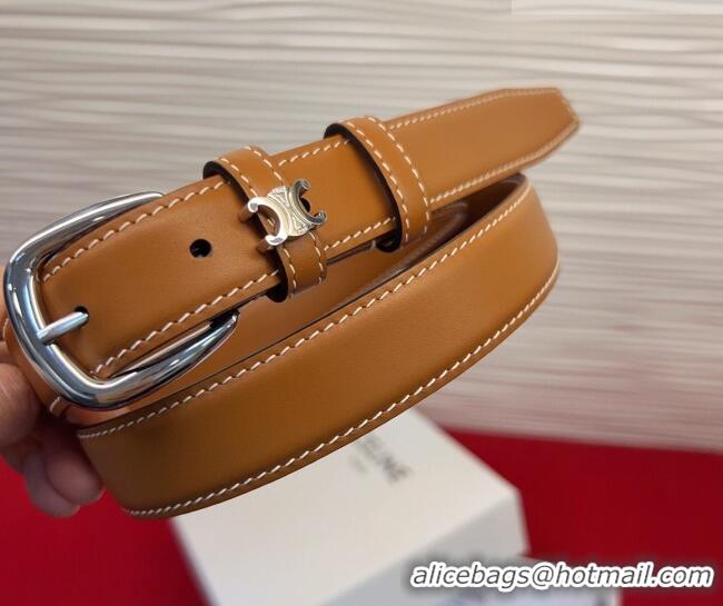 Inexpensive Celine Elegant Charm Triomphe Belt 2.5cm with Silver-Tone Pin Buckle in Shiny Leather 16052 Tan Brown 2026