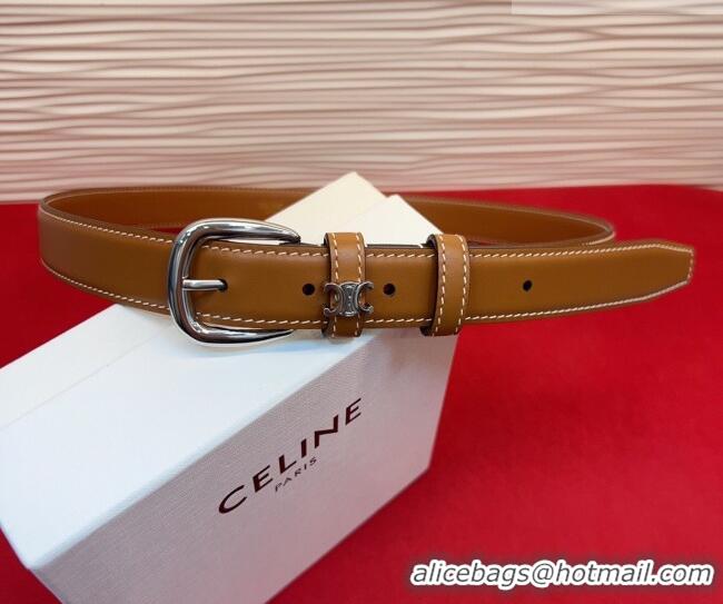 Inexpensive Celine Elegant Charm Triomphe Belt 2.5cm with Silver-Tone Pin Buckle in Shiny Leather 16052 Tan Brown 2026