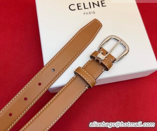 Inexpensive Celine Elegant Charm Triomphe Belt 2.5cm with Silver-Tone Pin Buckle in Shiny Leather 16052 Tan Brown 2026