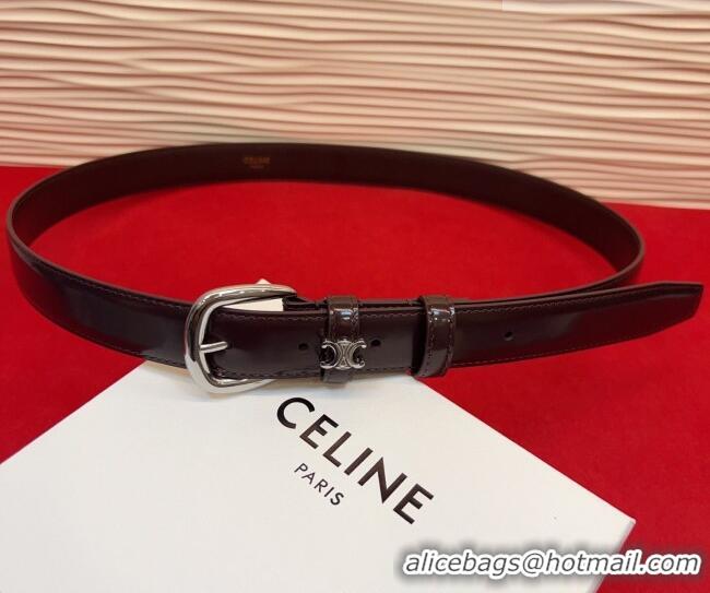 Cheap Price Celine Elegant Charm Triomphe Belt 2.5cm with Silver-Tone Pin Buckle in Shiny Leather 16052 Dark Brown 2026