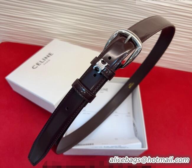 Cheap Price Celine Elegant Charm Triomphe Belt 2.5cm with Silver-Tone Pin Buckle in Shiny Leather 16052 Dark Brown 2026