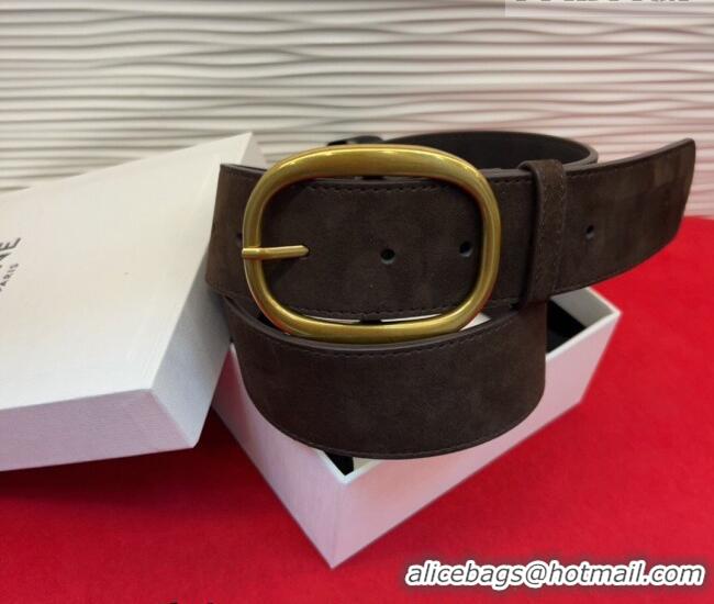 Original Cheap Celine Twin Triomphe Belt 4.5x105cm with Pin Buckle in Suede CE031605 Dark Brown 2026
